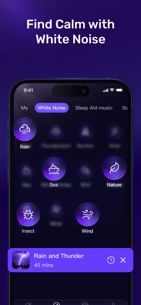 MySleep app interface showing white noise sound options like rain and sea for relaxation and better sleep.