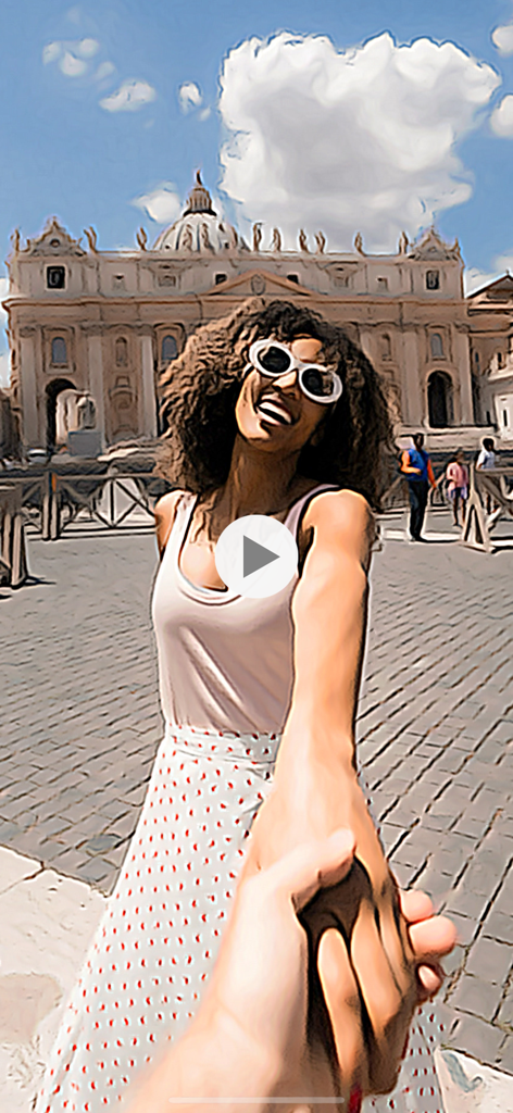 ToonCamera - A woman smiling at a landmark with a real-time cartoon video filter applied