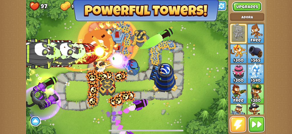 Bloons TD 6 Netflix gameplay showing monkey towers defending a path against bloons with a selection menu on the side