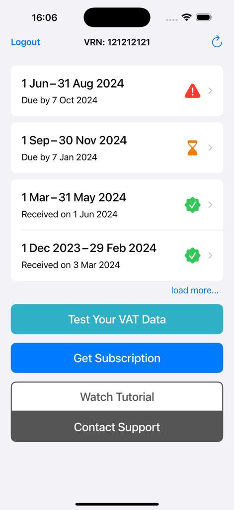 VAT MTD app dashboard showing a list of tax return periods with status indicators and submission buttons.