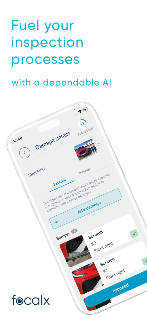 A smartphone displaying the Auto Inspection app damage details screen with AI detected scratches on a car bumper