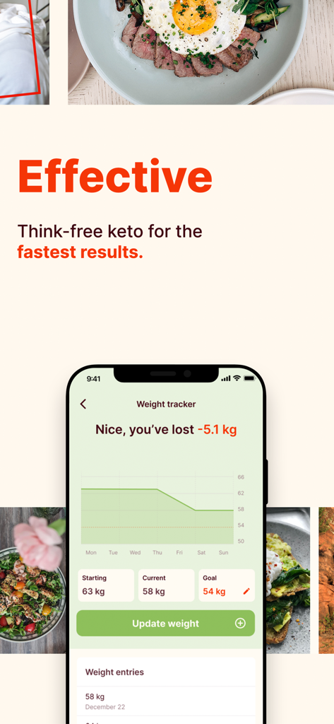 Keto Cycle app interface displaying a weight loss progress graph and tracked results
