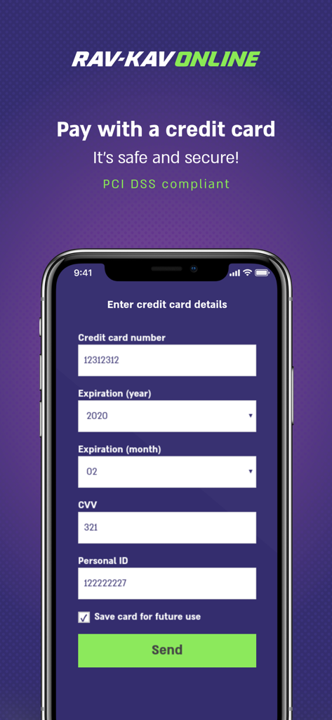 Secure credit card payment form in the Rav-Kav Online mobile app for public transport top-ups.