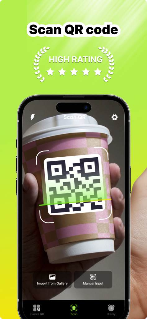 QR Scan & Smart Code Reader - Interface de smartphone digitalizando um código QR em uma xícara de café com o aplicativo QR Scan e Leitor de Códigos Inteligente