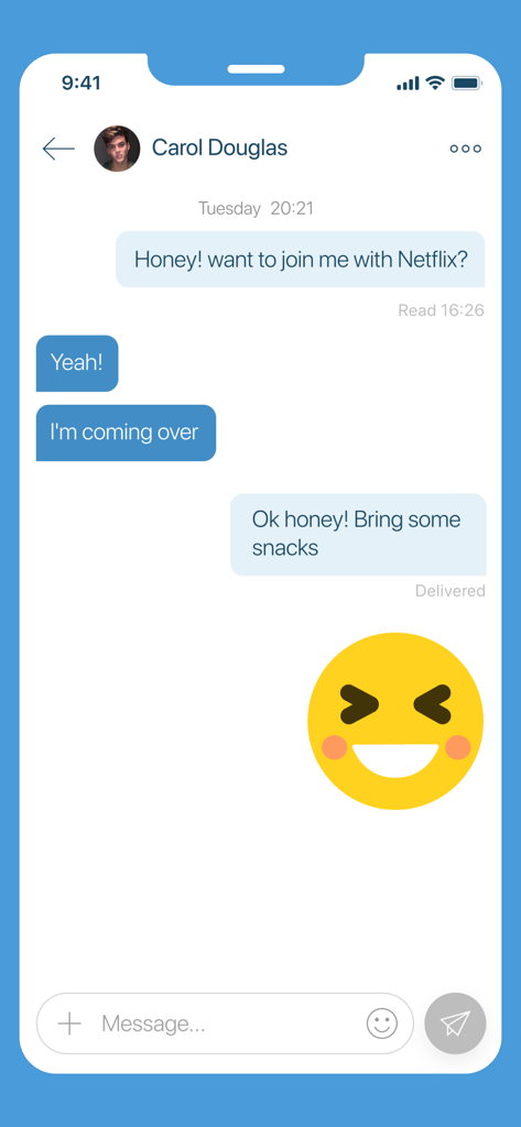 JustChill - Meet new people - Interface of the JustChill app showing a private chat conversation with messages and a large emoji