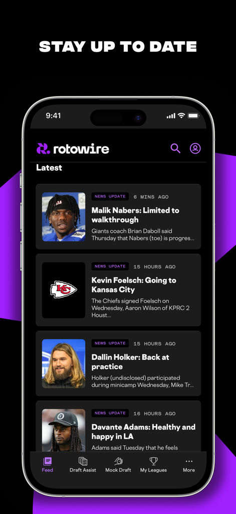 Real-time NFL player news and injury updates on the RotoWire Fantasy Football app feed.