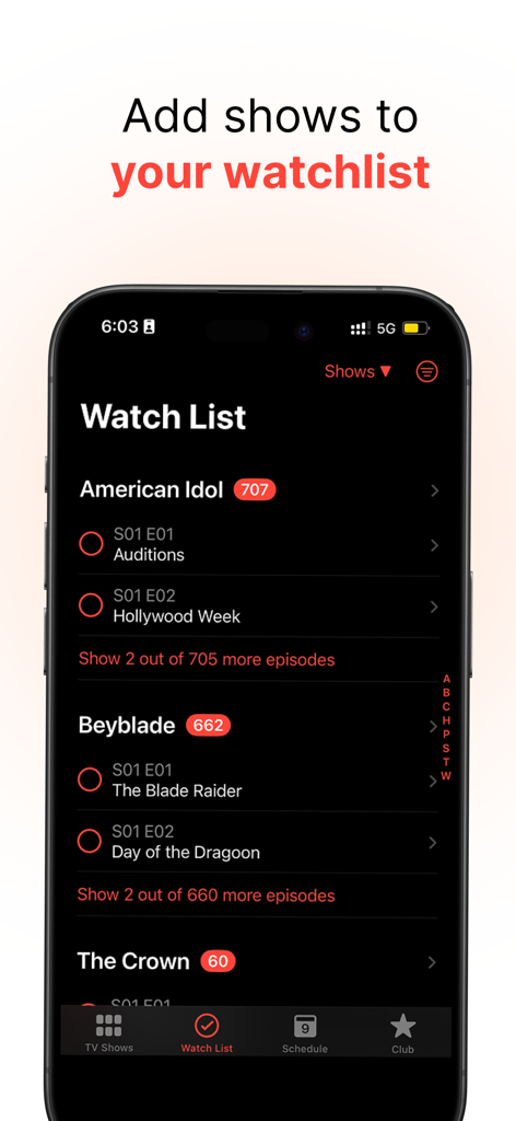 Screenshot of the TV Club app showing a watchlist of shows and episodes to track