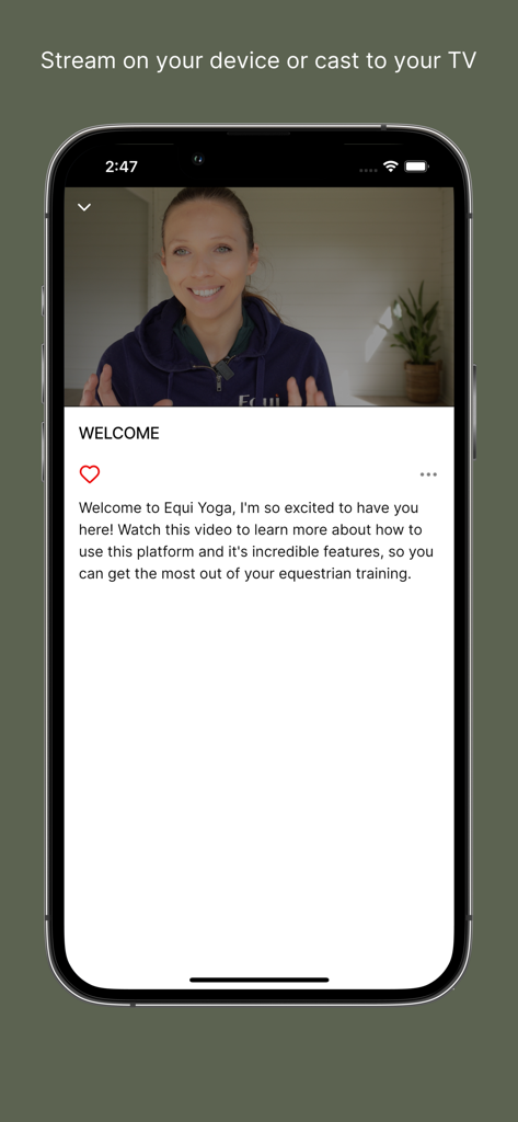 Equi Yoga - Equi Yoga app welcome screen with introductory video for equestrian training
