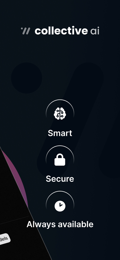 Collective AI - Pantalla de la aplicación Collective AI mostrando funciones inteligentes, seguras y siempre disponibles para uso privado sin conexión