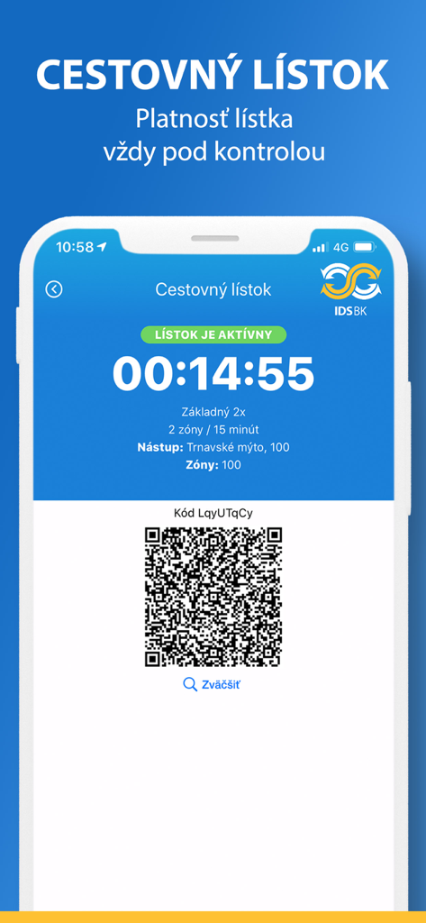 IDS BK  Cestujeme jednoduchšie - IDS BK app showing an active public transport ticket with a QR code and countdown timer
