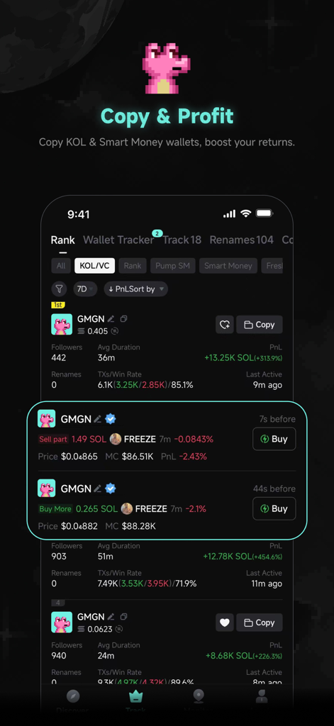 GMGN app interface showing a ranking of top traders and smart money wallets for memecoin copy trading