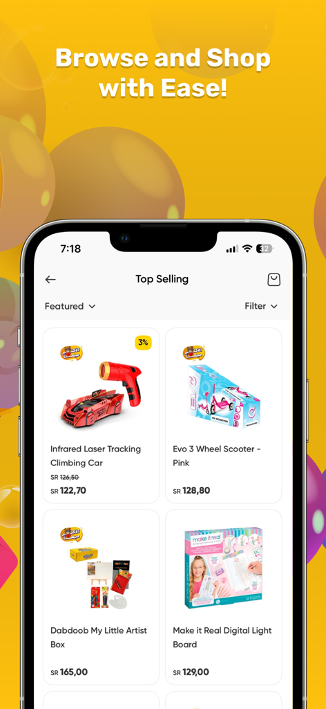 Top selling toys and gift items displayed in the Dabdoob mobile app