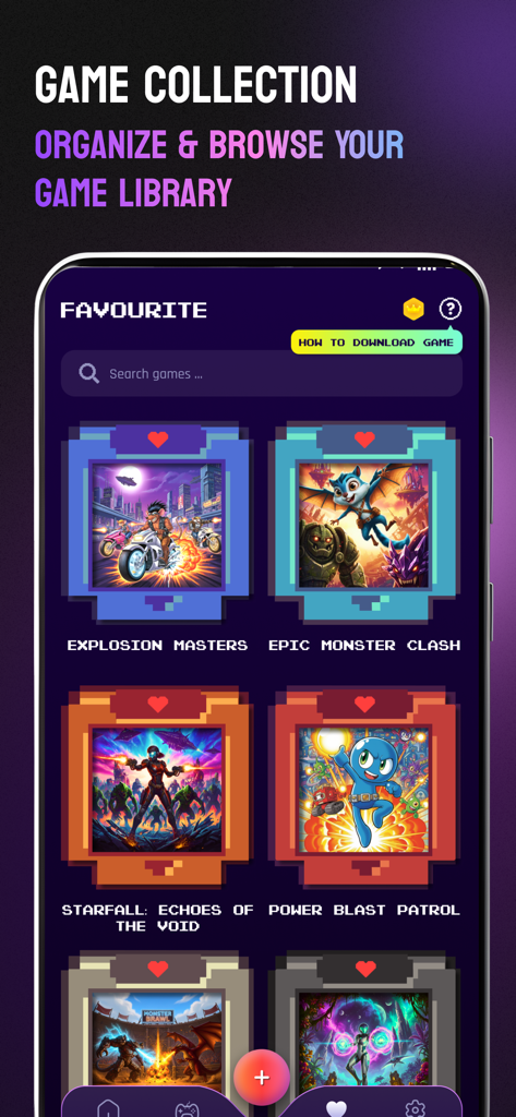 Organized game library view in Gamuroid emulator showing favorite titles and search functionality.