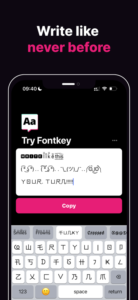 Fontkey - Fonts Keyboard Emoji - Interface do app móvel Fontkey apresentando estilos de fontes únicos e um teclado decorativo