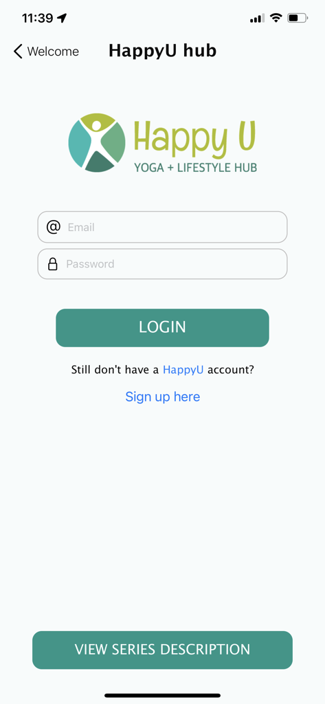 Home yoga practice - 이메일 및 비밀번호 입력 필드가 있는 HappyU 요가 및 라이프스타일 허브 로그인 페이지
