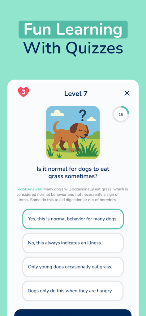 Hundeoトレーニングアプリにおける犬の行動に関する教育的なクイズ。