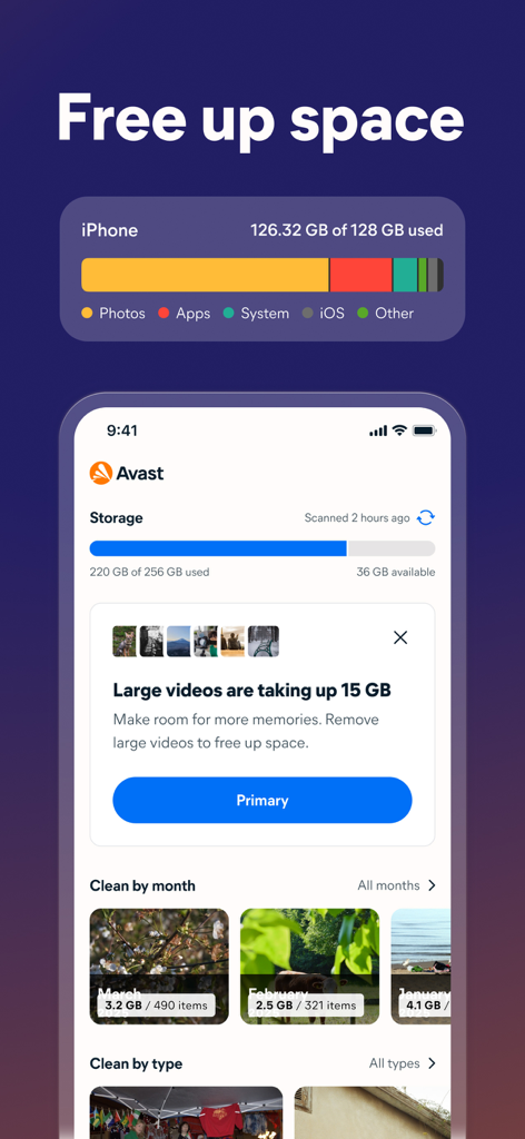 Avast Cleanup app interface showing storage analysis and suggestions to delete large videos on an iPhone