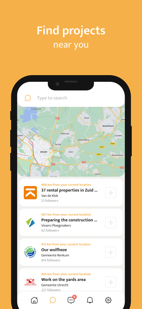 Interface de de BouwApp montrant une carte des projets de construction et une liste des développements à proximité