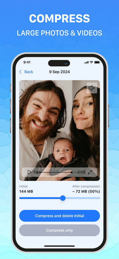 Opti Cleaner & Optimizer - iPhone app screen showing 50% file size reduction for a family video using Opti Cleaner compression tool