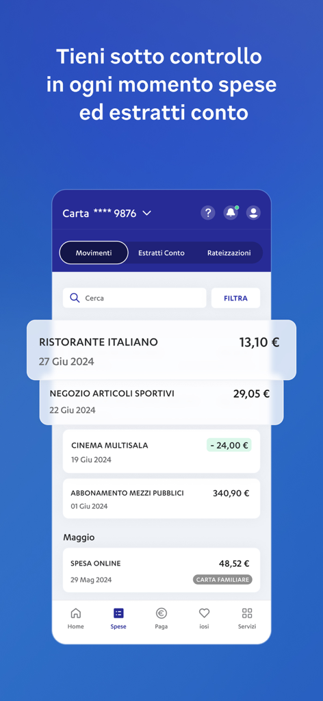 Nexi Pay mobile app screen displaying a list of recent financial transactions and spending history
