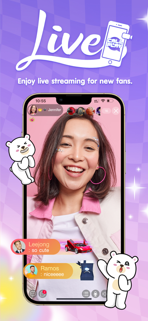 Callplay - Live & Video Call - Live streaming interface of the Callplay app with a female host and virtual gifts