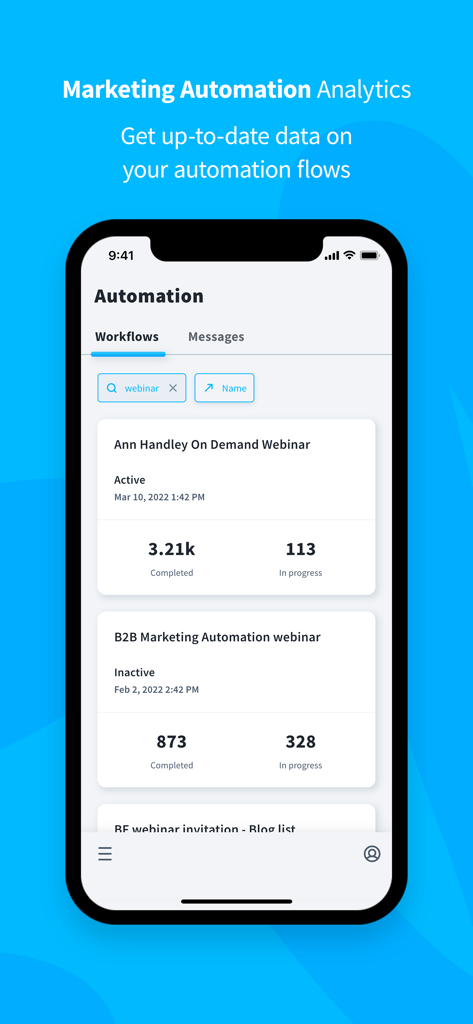 マーケティングオートメーションワークフローの分析と統計を表示するGetResponseモバイルアプリ画面