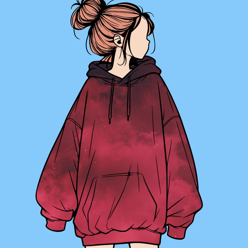 realistic girl with a oversized sweatshirt on and a bun
