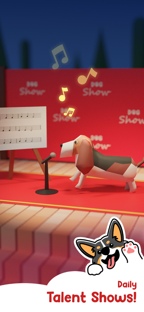 Dog Hotel Tycoon: Pet Game - Un beagle actuando en un concurso de talentos diario en un escenario rojo con un micrófono y partituras.