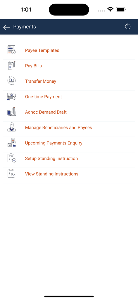 Butterfield Online Banking - Payments menu within the Butterfield Online Banking app showing transfer and bill payment options