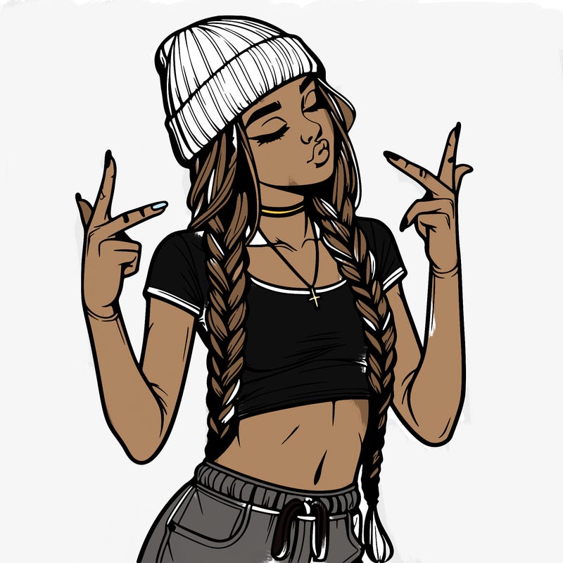 realistic teenage girl with braids and a beanie and crop top doing 🫶🏼