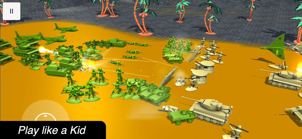 Army Men Battle Simulator - Green and tan plastic army men and tanks engaged in a battle on a toy-themed battlefield.