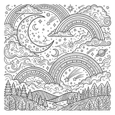 Journey into a celestial wonderland with this enchanting moonbows coloring page, perfect for anyone who loves the mysteries of the night sky. Unleash your creativity as you bring vibrant colors to lunar rainbows, twinkling stars, and a serene landscape.