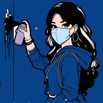 realistic girl with mask spray painting a wall