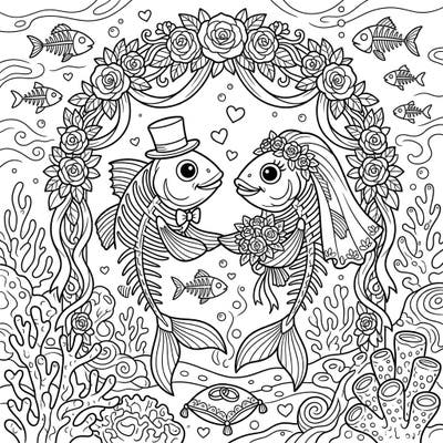 Celebrate eternal love with this unique fish skeleton wedding coloring page. Immerse yourself in an enchanting underwater ceremony, perfect for anyone who loves romance with a quirky twist.
