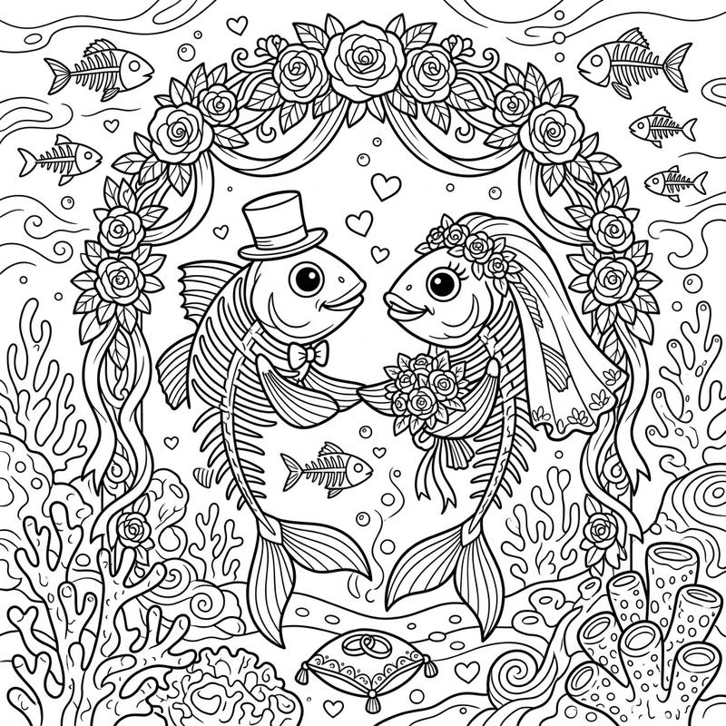 Celebrate eternal love with this unique fish skeleton wedding coloring page. Immerse yourself in an enchanting underwater ceremony, perfect for anyone who loves romance with a quirky twist.
