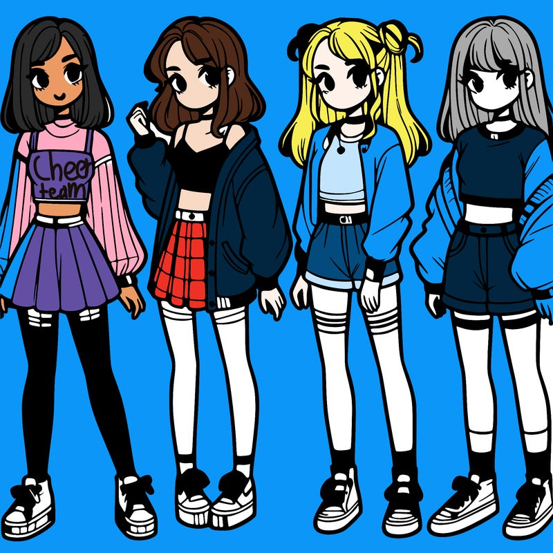 one girl with crop-top shirt and a jacket with a skirt, long socks and another girl with a shirt and pants with a jacket