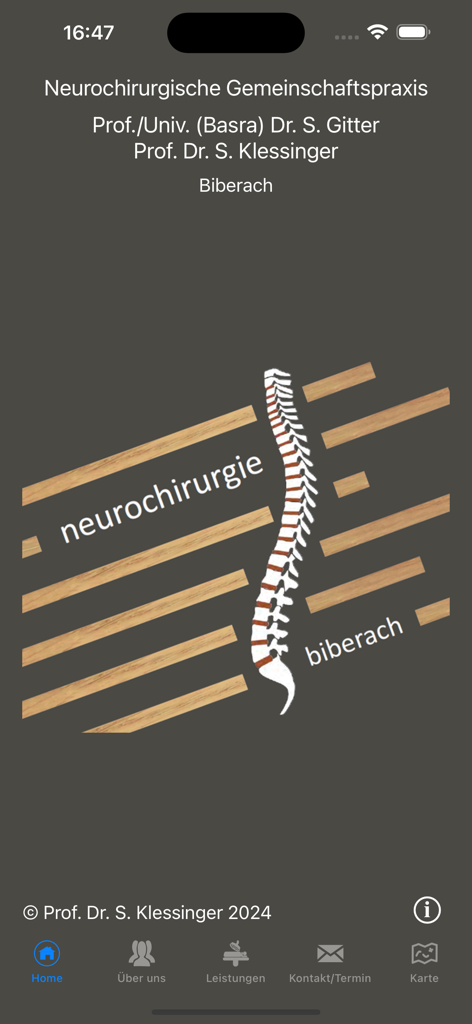 Tela inicial do aplicativo Neurosurgery BC com um gráfico estilizado da coluna e um menu de navegação para serviços médicos em Biberach