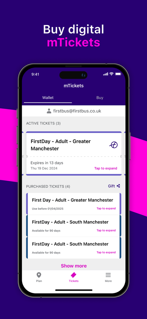 Interface of the First Bus app showing a digital ticket wallet with active and purchased mTickets