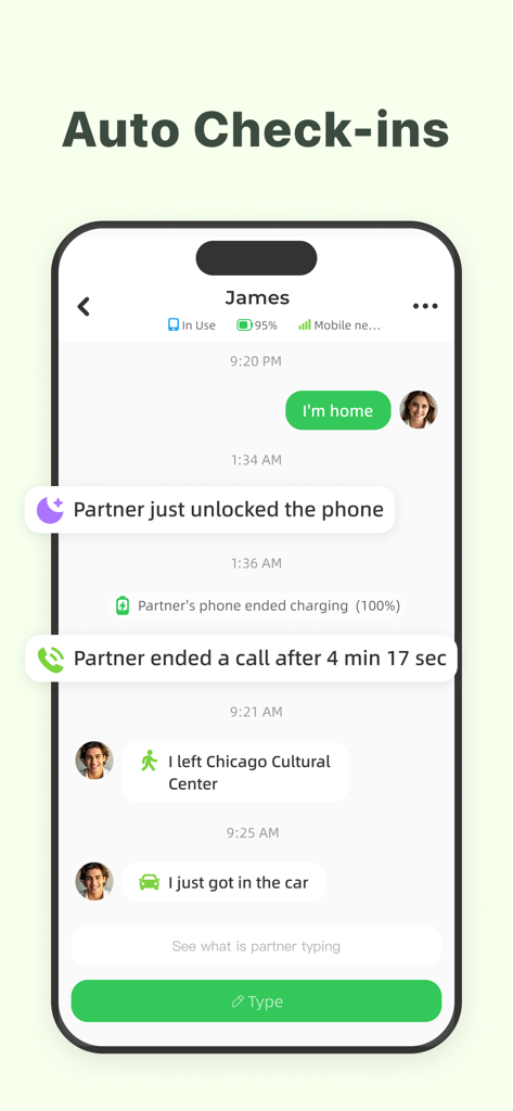 Lookusアプリのインターフェース。カップル向けのプライベートチャットで、電話の使用状況や場所への到着などの自動ステータス更新が表示されています