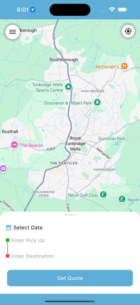 Premier Cars Airport Transfers - Premier Cars Airport Transfers app booking interface showing a map of Tunbridge Wells and a quote request form