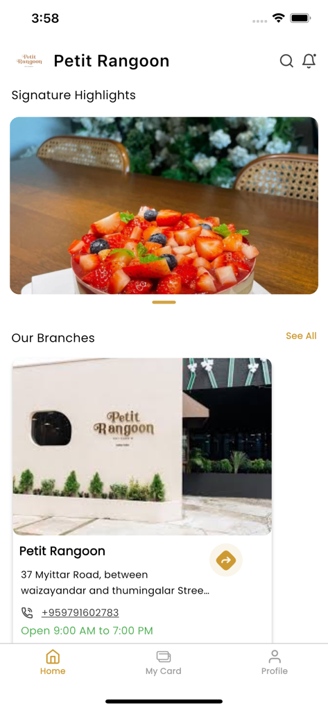 Petit Rangoon - Petit Rangoon mobile app home screen featuring signature food highlights and branch information.