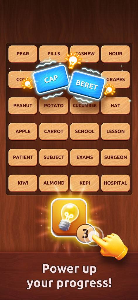 Word association gameplay in Associations Colorwood featuring matched words and a hint system