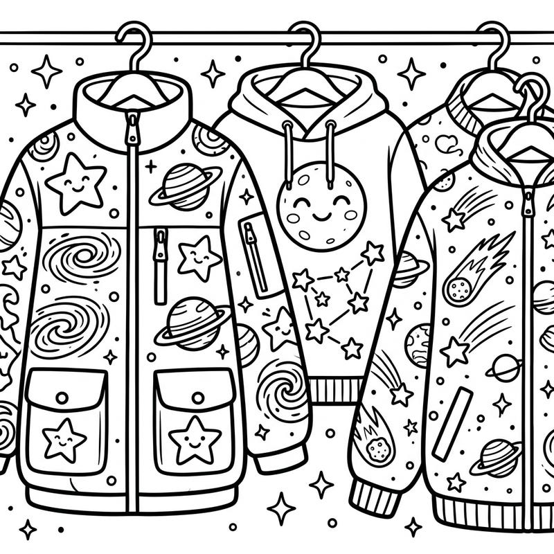 Dress up your imagination with this delightful coloring page featuring celestial-themed outerwear! Kids will love bringing these jackets and hoodies adorned with smiling stars and planets to life.