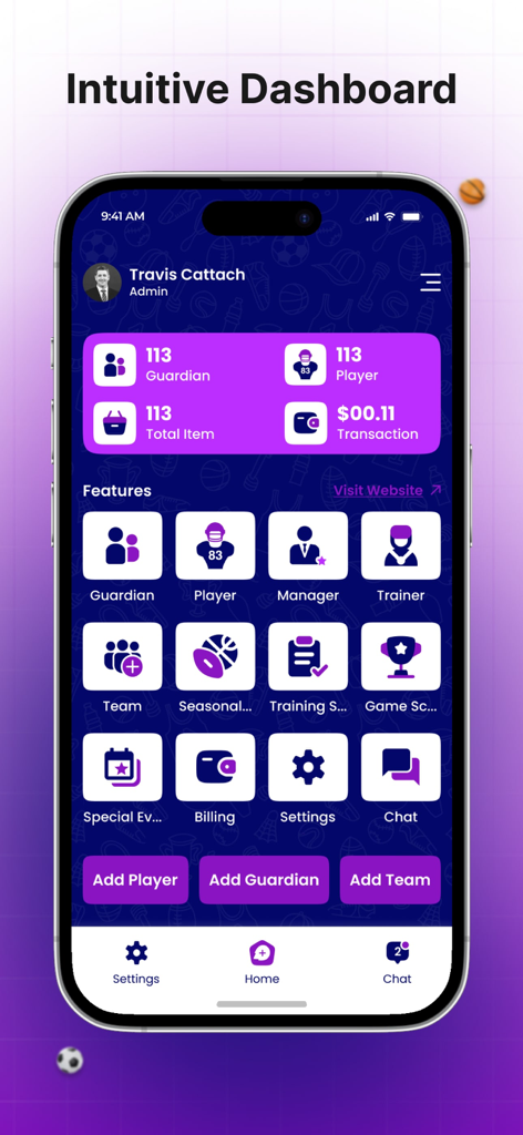 Dashboard amministrativa dell'app SquadDeck che visualizza funzionalità e statistiche di gestione del club sportivo