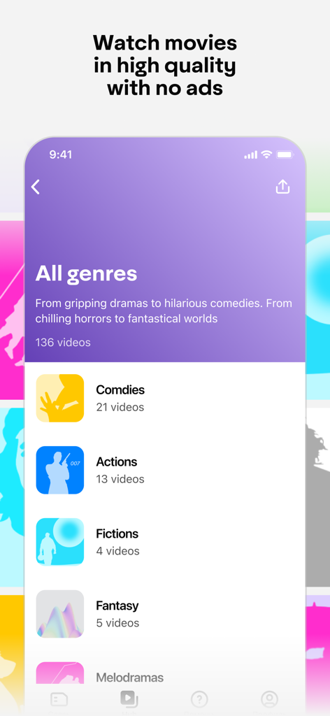 IZI KG app screen showing movie genres like comedies and actions for ad free streaming