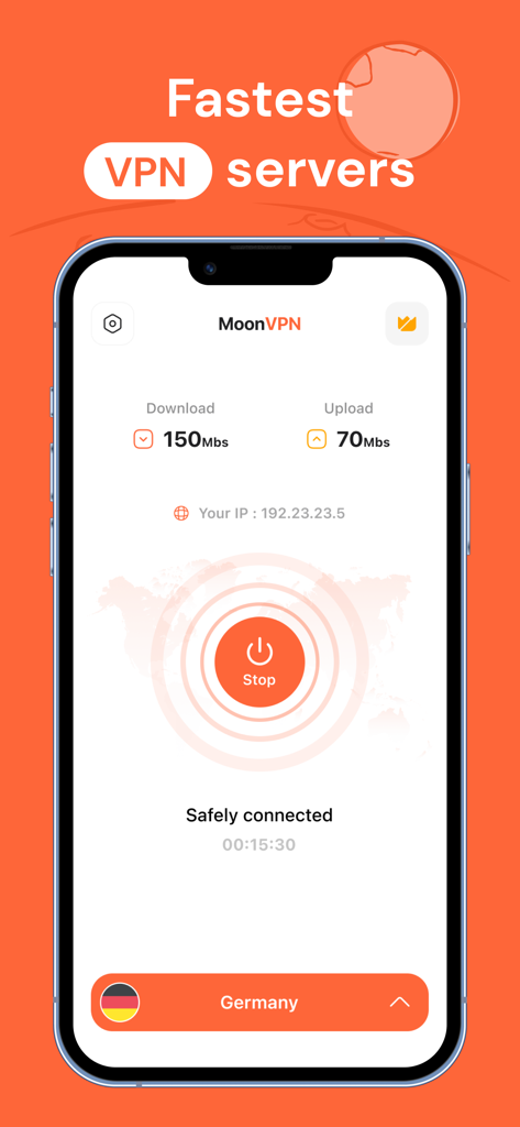 MoonVPN app interface showing a secure connection to a German server with live internet speed information