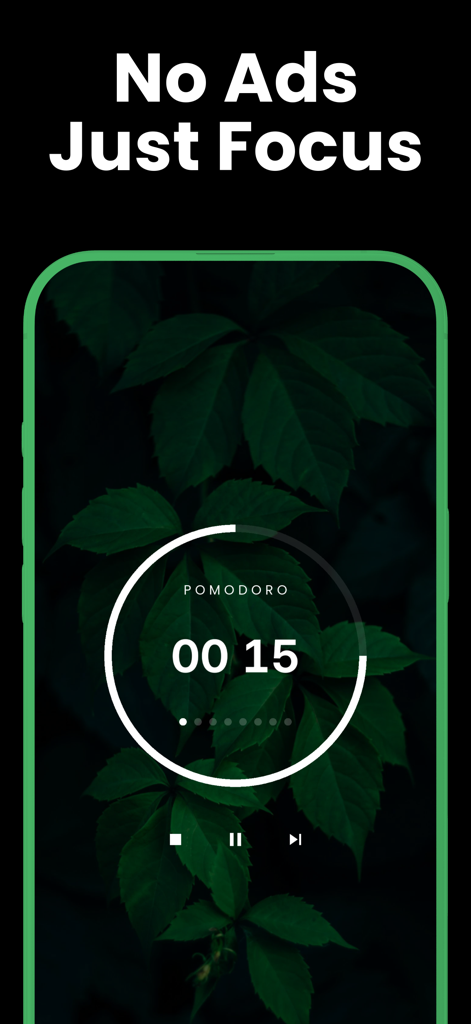 Pomo app showing a circular Pomodoro timer with a dark nature background