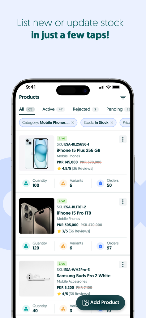 Produktmanagement-Bildschirm in der OLX Pakistan Seller Center App zeigt Inventarlisten für Elektronik