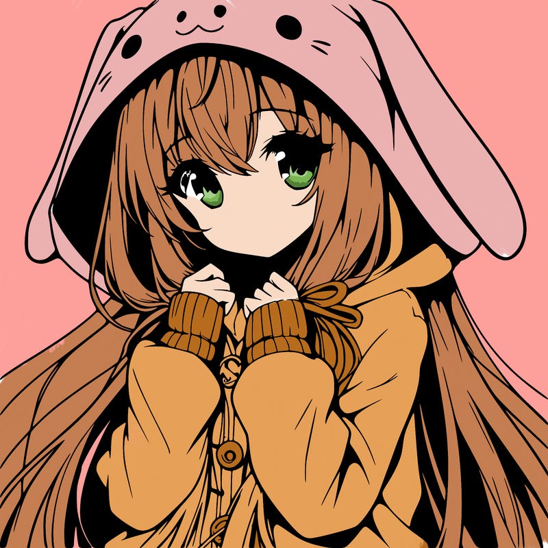 anime character girl with long hair cute bunny hoodie