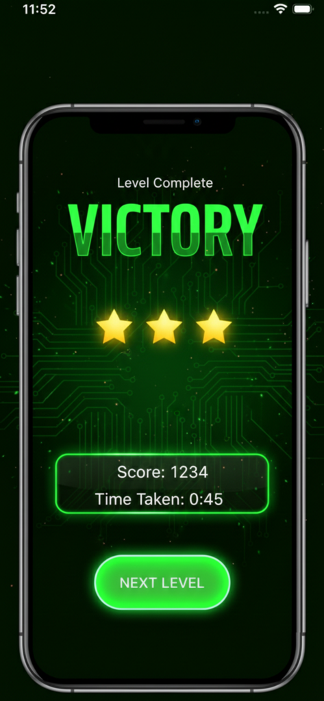 Press Under Pressure! - A victory screen in the Press Under Pressure app showing a three star rating and score over a neon green cyberpunk circuit board background